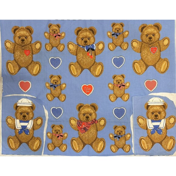 Vintage Hallmark Wamsutta Teddy Bear Fabric Panel Appliqué Hearts *CUT READ* - Picture 1 of 4